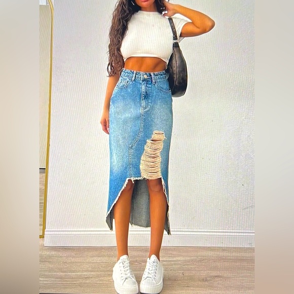 Dresses & Skirts - Whats's Hot!! Super Cute Boho Asymmetrical Midi Distressed Denim Skirt! 🛍️😍🔥